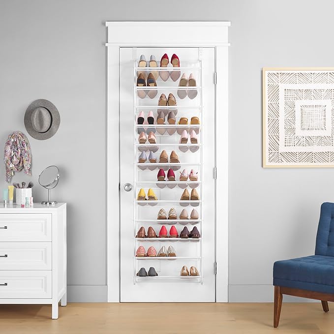 Whitmor 36 Pair Over the Door Shoe Organizer, 12 Tier Hanging Shoe Organizer, Heavy Duty Metal & Mesh Shoe Holder, Hanging Shoe Rack for Closet Organizer & Storage, 69"L x 21.7"W x 7.5"H, White