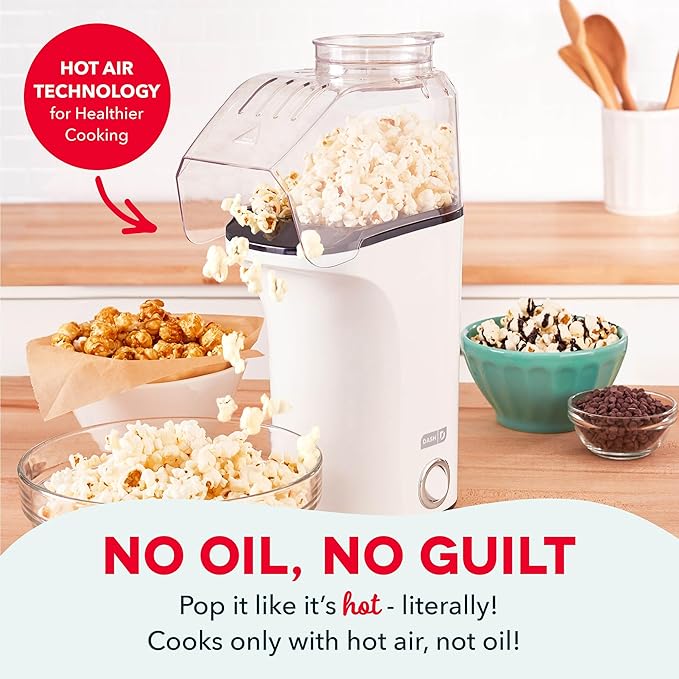 DASH Hot Air Popcorn Popper Maker with Measuring Cup to Portion Popping Corn Kernels + Melt Butter, 16 Cups - White