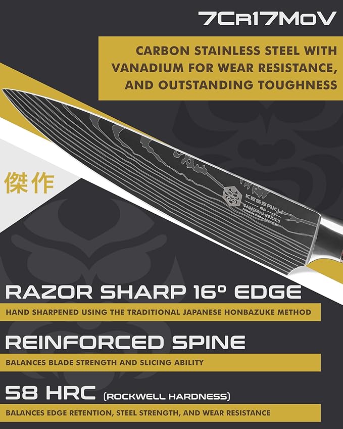 KESSAKU Chef Knife - 8 inch - Samurai Series - Razor Sharp Kitchen Knife - Forged 7Cr17MoV High Carbon Stainless Steel - Wood Handle with Blade Guard