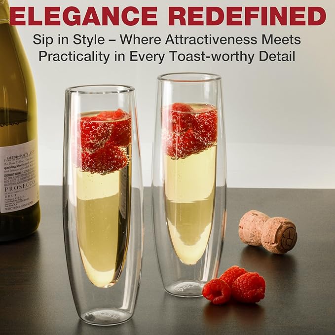 Eparé Stemless Champagne Flutes Glass - Set of 8 Modern Double Wall Stemless Flute Glasses for Champagne, Mimosas, and Prosecco - Elegant Gift-Boxed Champagne Glasses for Events