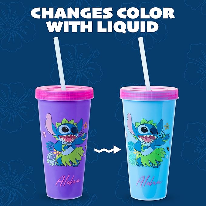 Silver Buffalo Disney Lilo and Stitch Tropical Poses 4 Pack Color Change Plastic Tumbler, 24 Ounces