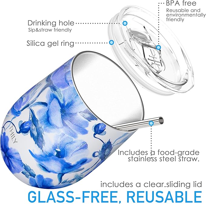 THILY Stainless Steel Insulated Wine Tumbler Stemless Wine Glass with Sliding Lid and Straw, Cute Travel Cup Keep Coffee and Cocktails Cold, Gifts for Women, Her, Iridaceae