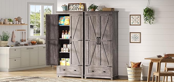 Farmhouse Kitchen Pantry Cabinet, 72" Tall Storage Cabinet with Adjustable Shelves & Barn Doors, Freestanding Kitchen Cupboard for Dining Room, Living Room, Gray