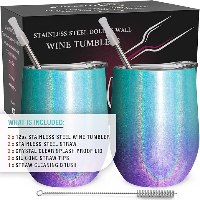 CHILLOUT LIFE 12 oz Stainless Steel Wine Tumblers 2 Pack - Double Wall Vacuum Insulated Wine Glasses Cups with Lids and Straws Set Keeping Cold & Hot for Coffee, Beer, Ice Cream - Mermaid Sparkle