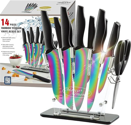 Marco Almond® Knife Block Set,14-Piece Rainbow Color Stainless Steel Knife Sets for Kitchen with block, KYA35 Chef Cooking Knives Set with Acrylic Stand