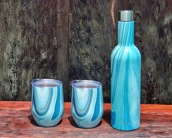 CHILLOUT LIFE 12 oz Stainless Steel Wine Tumblers 2 Pack & 1 Insulated Wine Bottle - Double Wall Vacuum Insulated Wine Glasses Cups with Lids and Straws Set Keeping Cold & Hot Gift Set