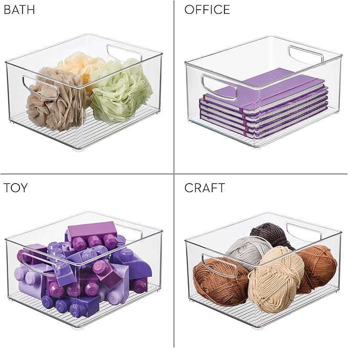 InterDesign iDesign Plastic Stackable Pantry Bin - Organizer Bin with Handles for Cabinets or Fridge - Set of 4 - Clear