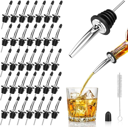 36-Pack Stainless Steel Pour Spouts for Liquor Bottles, Oil, Vinegar, and Wine – Liquor Bottle Pourers with Rubber Dust Caps – Bar Pourers for Bartending