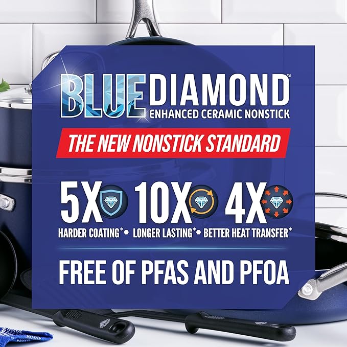 Blue Diamond Frying Pan 8” Skillet, Diamond Infused Healthy Ceramic Nonstick, PFAS and PFOA-Free, Dishwasher and Oven Safe, Even Heating, Metal Utensil Safe, Warp Control Base, Blue (Pack of 4)
