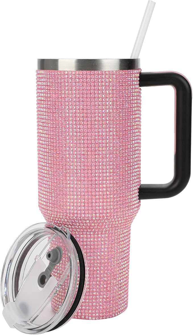 Bioworld Pink Rhinestone Vacuum Insulated 40 Oz. Stainless Steel Tumbler with Leak-Proof Lid & Easy Carry Handle for Travel or Home