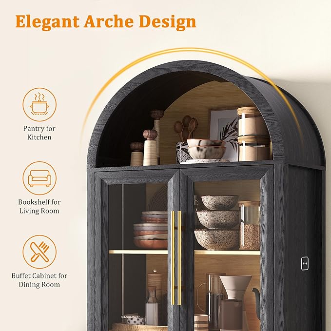 Arched Kitchen Pantry Cabinet with Glass Doors, Display Curio Case with 3 Color LED Lights for Collectibles, Modern 5-Tier Storage Hutch Cabinet for Kitchen, Dining Room, Black