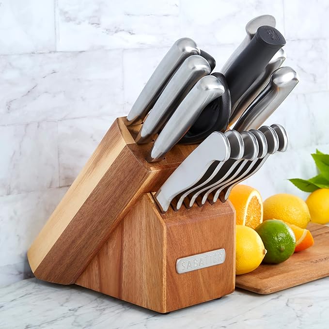 Sabatier 15-Piece Forged Stainless Steel Knife Block Set, High-Carbon Stainless Steel Kitchen Knives, Razor-Sharp Knife set with Acacia Wood Block, Stainless Steel Handles
