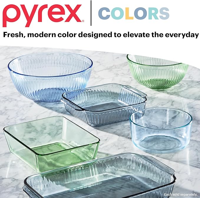 Pyrex Colors Tinted (3-Pack, Full Set) Sculpted Tinted Glass Mixing Bowls With Lids, Nesting Space Saving Set of Bowls For Prepping and Baking, 1.3QT, 2.3QT & 4.5Q
