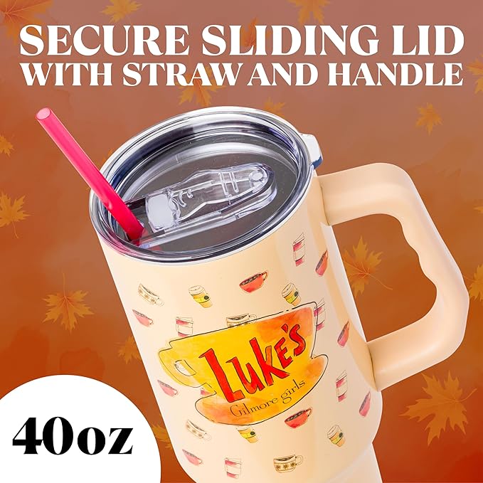 Silver Buffalo Gilmore Girls Luke's Diner Stainless Steel Tumbler with Handle and Straw, Fits in Standard Cup Holder, 40 Ounces