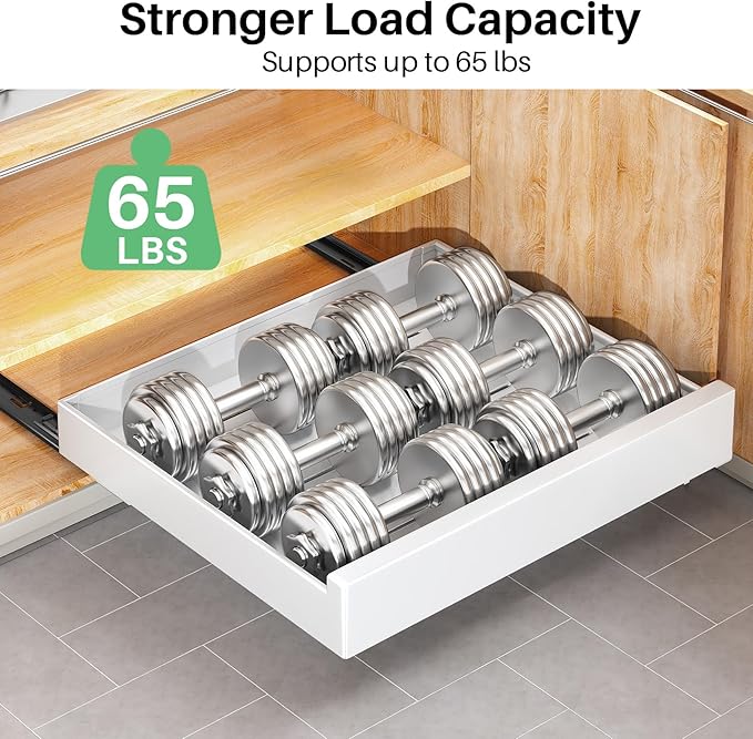 Pull out Cabinet Organizer, 21"Deep, Heavy Duty Full-Extension Slide out Drawers for Kitchen Cabinets with Nano Adhesive, Roll Out Shelf Sliding Cabinet for Pots, Bathroom, Pantry, Under Sink, White