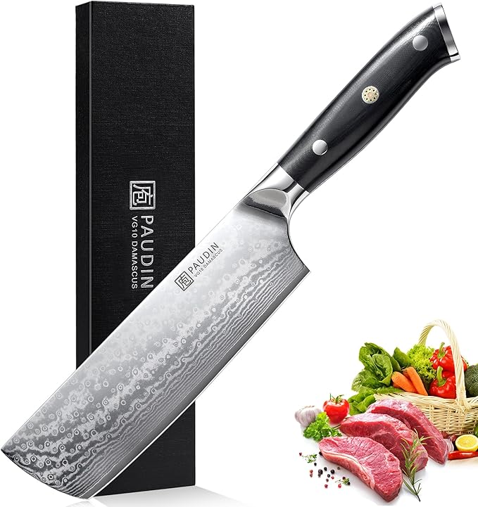 PAUDIN Nakiri Knife 7'', Damascus Chef Knife, Japanese VG-10 Stainless Steel, Kitchen Knife with G10 Full Tang Handle, Razor Sharp 67-Layer Forged Blade