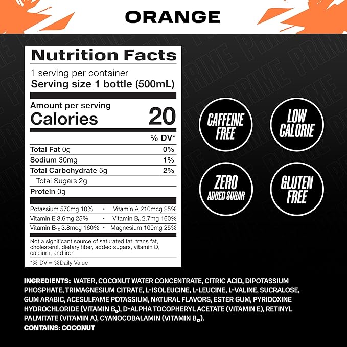 PRIME Hydration ICE ORANGE, Sports Drinks, Electrolyte Enhanced for Ultimate Hydration, 250mg BCAAs, B Vitamins, Antioxidants, Low Sugar, 16.9 Fl Oz, 12 Pack