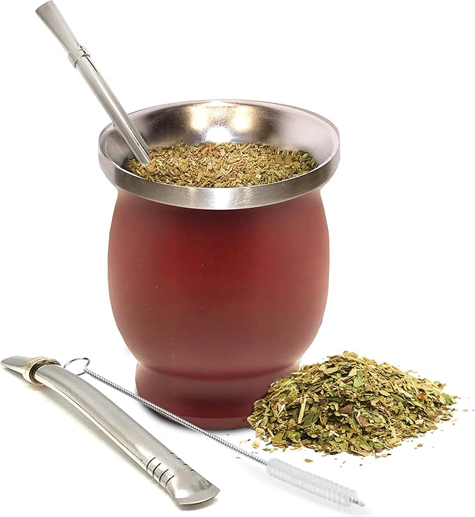 Norte Yerba Mate Cup Kit, 8-Ounces Traditional Mate Tea Cup/Gourd Set | Includes 2 Bombillas (Yerba Mate Straw) & Cleaning Brush, Stainless Steel Cup, Double-Walled, Easy to Clean | Burgundy