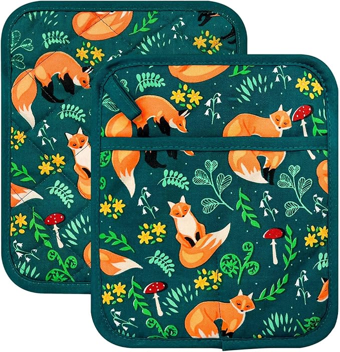 Pot Holders Set of 2 Heat Resistant 480℉ Kitchen 100% Cotton Comfortable Lining Printing Fox Flower Women Men Home Cooking Baking Microwave BBQ Gift(Fox Flower)