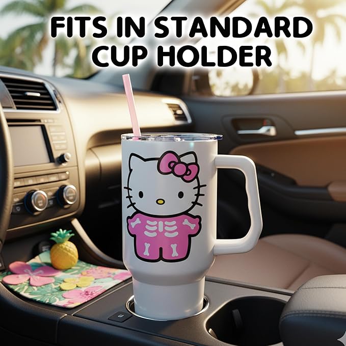 Silver Buffalo Sanrio Hello Kitty Halloween Spooky Skeleton Costume Stainless Steel Tumbler with Handle and Straw, Fits in Standard Cup Holder, 40 Ounces