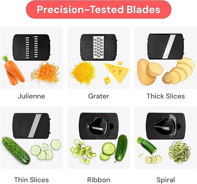 Fullstar Mandoline Slicer for Kitchen, Fruit Cutter, Cheese Grater, Cucumber Slicer, Veggie Spiralizer, Food Cutter & Kitchen Gadgets & Gifts with Safety Glove (6 in 1, Gray/Green)