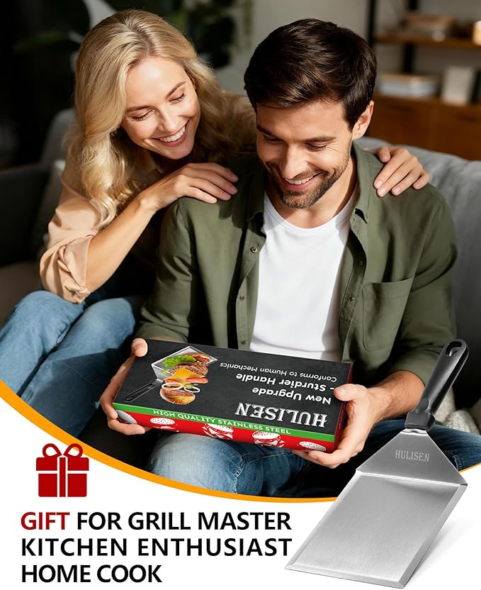 HULISEN Stainless Steel Large Grill Spatula - 6 x 5 Inch Heavy-Duty Metal Spatula with Cutting Edges, Kitchen Griddle Accessories, Smashed Burger Turner Scraper for BBQ Grill and Flat Top Griddle