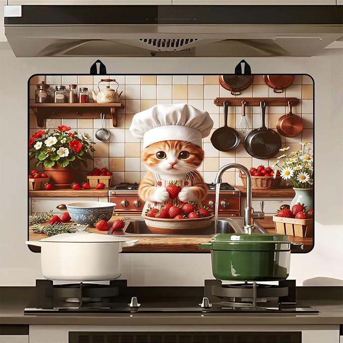 Cute Cat Stove Top Cover 28.3 x 20.5 Inches, Strawberry Cat Glass Stove - Image 4