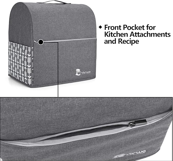 Yarwo Stand Mixer Cover Compatible with 4.5 qt and All 5 qt KitchenAid Mixer, Protective Dust Cover with Top Handle and Pockets for Accessories, Gray with Arrow
