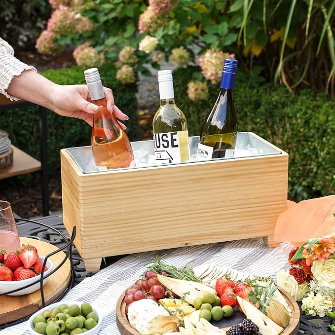 Twine Ice Bucket Wood and Galvanized Metal Tub - Wooden Wine Bucket And Beer Chiller - Holds 4 Wine Bottles or 5.4 Gallons Set of 1,Brown