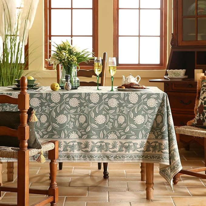 ISAENNE Designer Grayish Green Linen Long Rectangle Tablecloth,Floral Stain Resistant Table Cloth,Fall Vintage Decor Tablecloths for Dining Thanksgiving Kitchen Party,63"*102"-Andrew A
