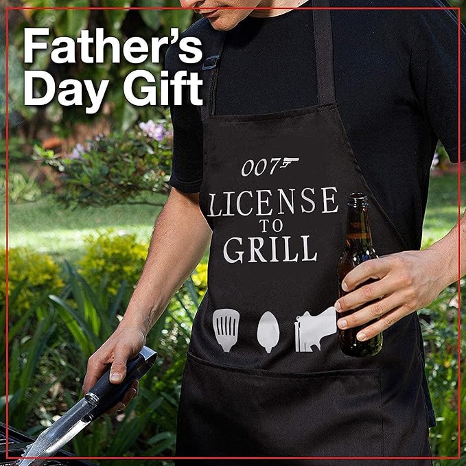 Black Grilling Apron with Pockets, Funny Cooking Apron for Kitchen, BBQ, Outdoor Use, One Size Fits All, Great Gift for Men – Dad, Husband, Boyfriend