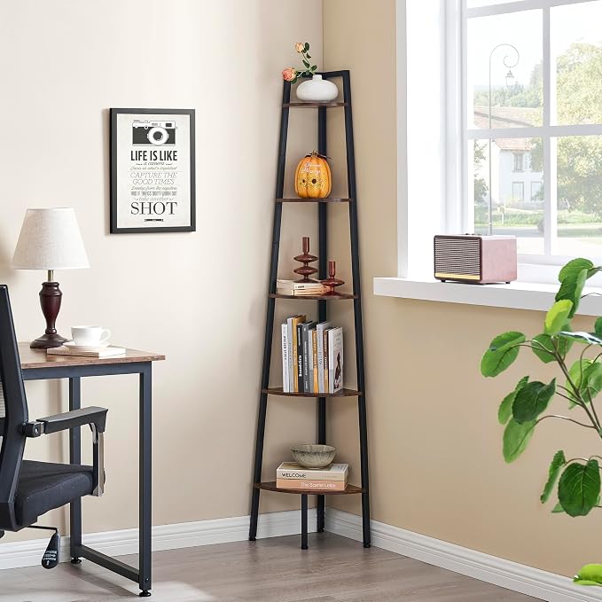 Hoctieon Corner Shelf, 5-Tier Corner Bookshelf, Rustic Ladder Shelf, Industrial - Image 3