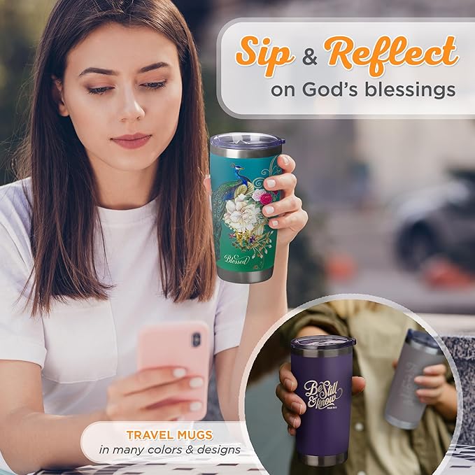 Christian Art Gifts Stainless Steel Double Wall Vacuum Insulated Tumbler 18 oz Peacock Teal Travel Mug with Retractable Lid Inspirational Bible Verse for Women - Blessed Faith -Jeremiah 17:7