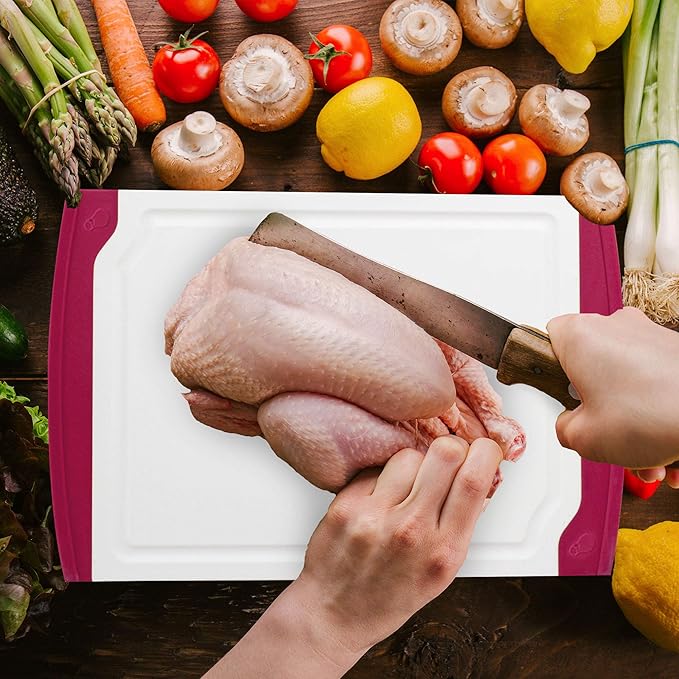 Neoflam 4 Piece Plastic Coded Cutting Board Set plus Organizer with Food Icon, Microban Protection, Extra Large, BPA Free, Juice Groove, Non Slip, Dishwasher Safe, Multicolor