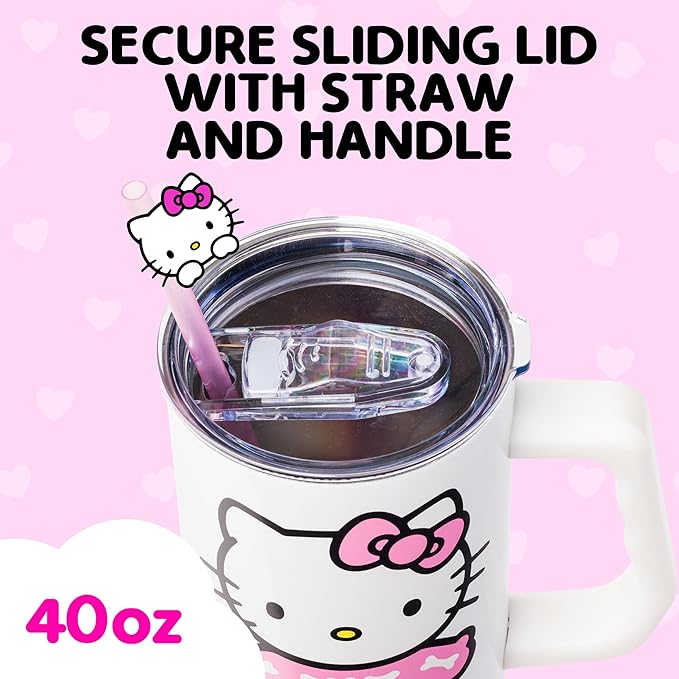 Silver Buffalo Sanrio Hello Kitty Halloween Spooky Skeleton Costume Stainless Steel Tumbler with Handle and Straw, Fits in Standard Cup Holder, 40 Ounces