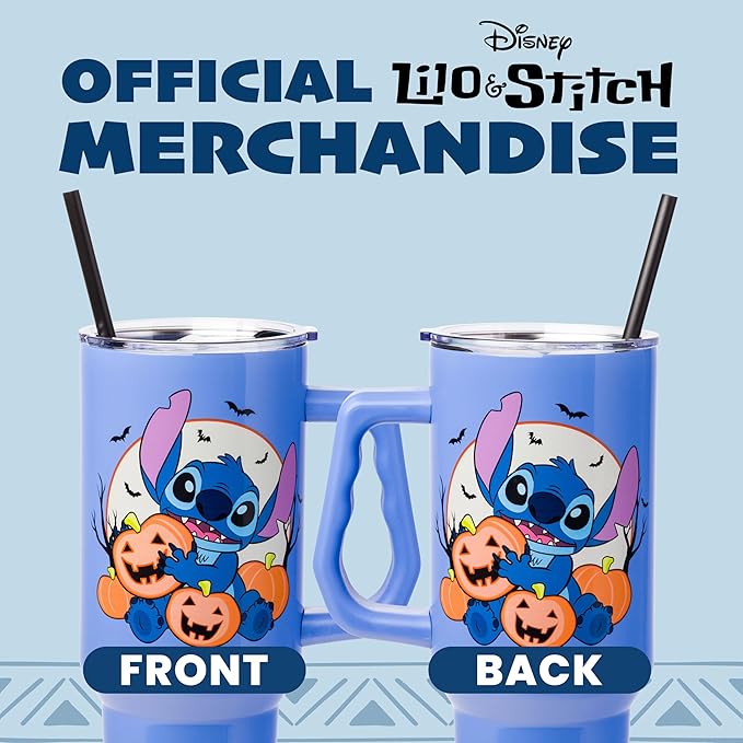 Silver Buffalo Disney Lilo and Stitch Halloween Spooky Pumpkin Jack-O-Lantern Stainless Steel Tumbler with Handle and Straw, Fits in Standard Cup Holder, 40 Ounces