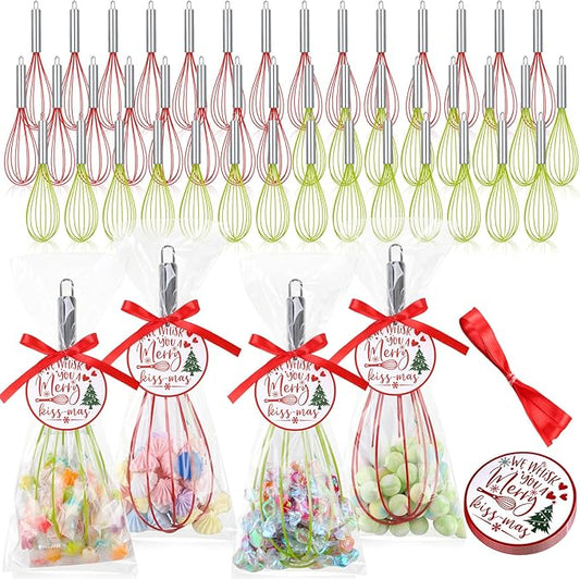 48 Sets 12 Inch Christmas Whisks Gifts DIY Fillable Christmas Tree Ornaments Xmas Colored Silicone Whisks for Cooking Heat Resistant Egg Beaters with Card Rope Bag for Candy Holder