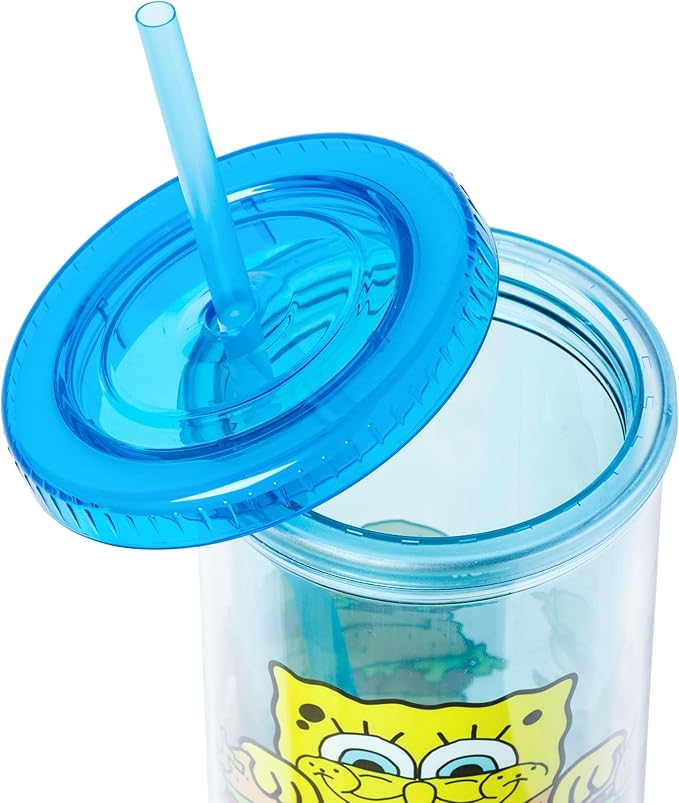 Silver Buffalo Spongebob Squarepants Smiling Krabby Patties Plastic Tall Cold Cup With Lid and Straw, 20 Ounces