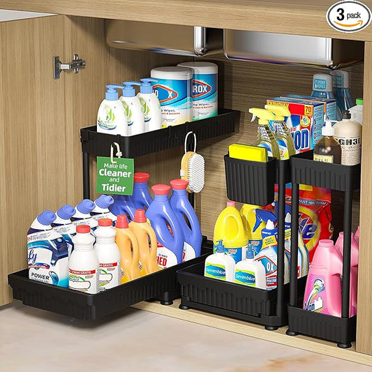 3 Pack Multi-Purpose Under Sink Organizers and Storage, 2025 L-Shaped Pull Out Cabinet Organizer for Bathroom & Kitchen, Under Cabinet Organizer with Hooks Hanging Cup, Black