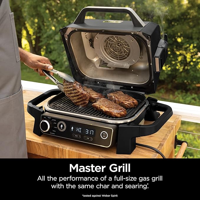 Ninja | Woodfire Series | 7-in-1 (Grill, BBQ, Roast, Air Fry, Dehydrate, Broil, Smoke) | Portable & Weather Resistant | Cook Up To 6 Steaks & 30 Hot Dogs | Woodfire Pellets included | OG701