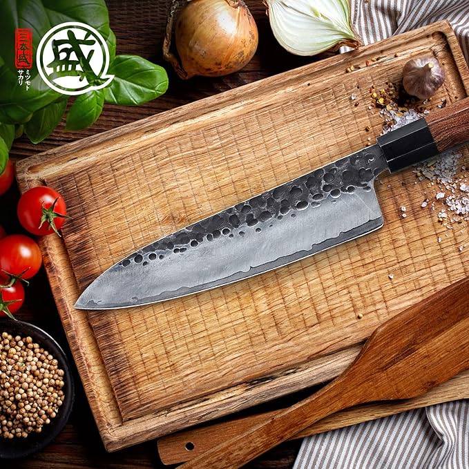 MITSUMOTO SAKARI 8 inch Gyuto Chef Knife, Japanese Hand Forged Kitchen Chef's Knives, 3-Layer 9CR18MOV High Carbon Steel, Rosewood Handle & Sandalwood Box
