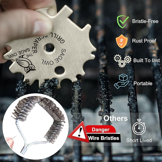Sage Owl Bristle-Free Stainless Steel BBQ Grill Scraper – Safe Universal Grill Cleaner for Outdoor Grills, Smoker Accessories, Kitchen Gadgets, and Grilling Tools Cooking Stocking Stuffers for Men