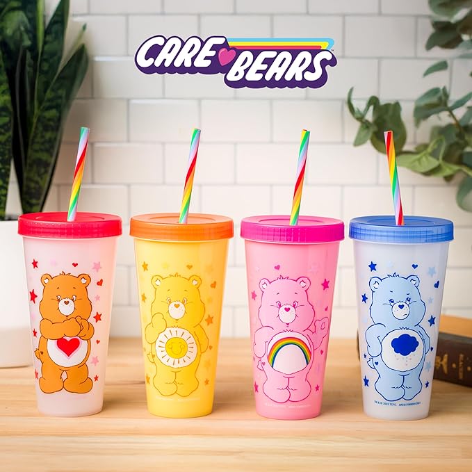 Silver Buffalo Care Bears Hearts and Stars 4 Pack Plastic Color Changing Tumblers with Rainbow Swirl Straws Featuring Tenderheart, Funshine, Cheer, and Grumpy Bear 24 Ounces