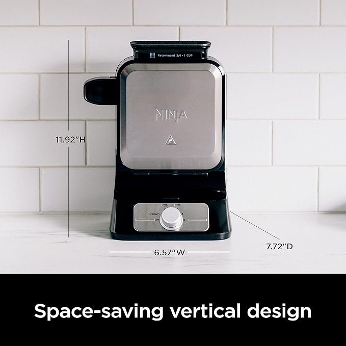Ninja BW1001 NeverStick PRO Belgian Waffle Maker, Vertical Design, 5 Shade Settings, with Precision-Pour Cup & Chef-curated Recipe Guide, Black & Silver