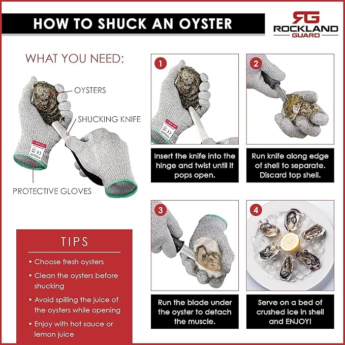 Rockland Guard Professional Oyster Shucking Knife Set - Includes 3.5" Stainless Steel Oyster Shucker with Non-Slip Handle & Bent Tip, Kitchen Cutting Gloves - Food-Grade, Dishwasher-Safe Seafood Tools Set - Medium