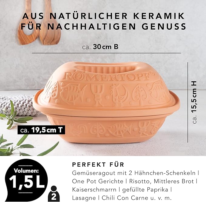 Romertopf Clay Roaster | Non-Stick Dutch Oven | Health Pot Cooking | Clay Baker | Versatile Cooking Vessel - 1.6 Quarts (1.5 Liters) for up to 2 people