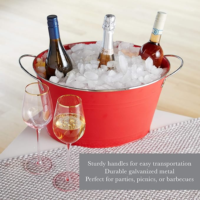 Twine Big Red Ice Bucket - Galvanized Metal Drink Beverage Tub for Home Parties, Country Home Wine And Beer Chiller, Holds 4.5 Gallons