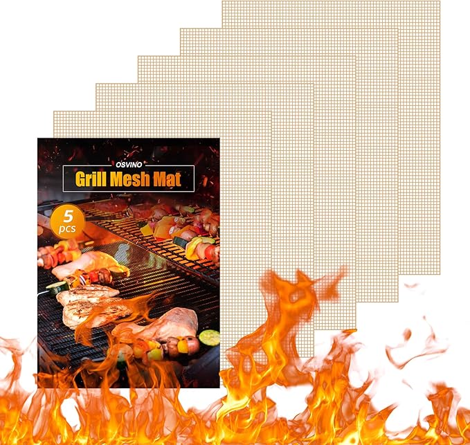 OSVINO Beige Grill Mesh Mat 5 Pack Reusable Non-Stick BBQ Grill Mats 16"x12" Outdoor Barbecue Baking Accessories Works on Gas Charcoal Electric Grill for Grilling Meat, Fish, Steak, Vegetables
