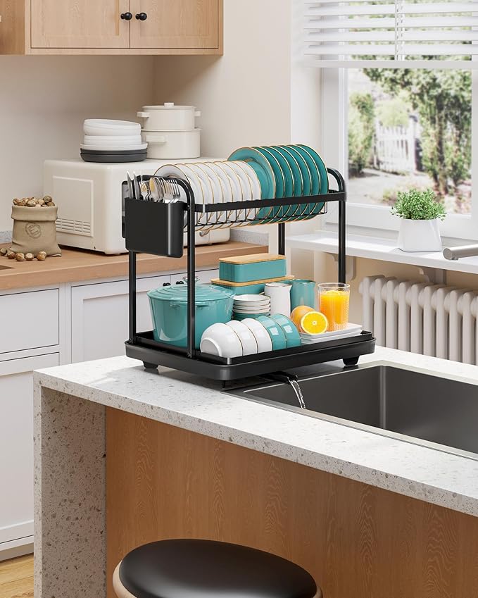 Sakugi 2-Tier Dish Drying Rack - Stainless Steel Dish Rack with Cutlery & Utensil Holders for Kitchen Counter, Sink Organization and Storage Essentials, Home Decor, 15" W x 11.4" L x 15" H, Black