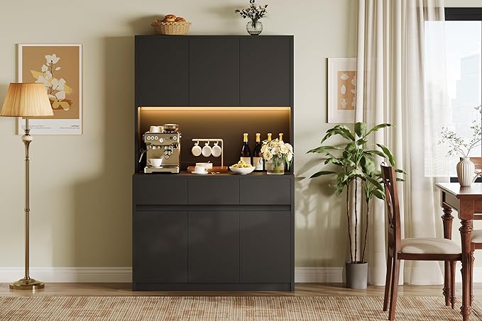 Garvee Kitchen Pantry Storage Cabinet, Tall Storage Cabinet with Doors and Shelves, Kitchen Storage Hutch with Microwave Stand, Led Lights and Charging Station, Corner Pantry Cabinet, Black